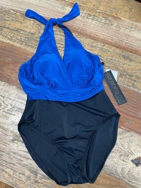 Vanishing Act size 12 Magic Brands One Piece Swimsuit halter blue black slimming